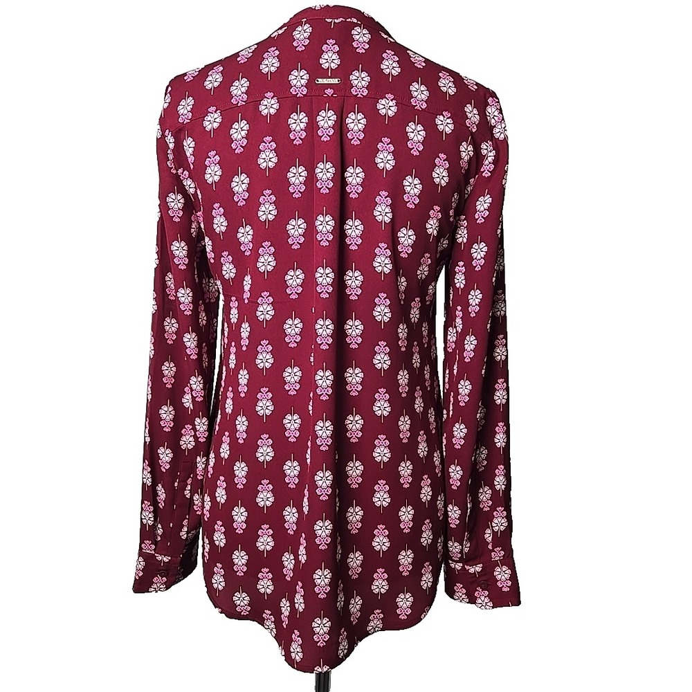 Nautica Burgundy Floral‎ Button Front High Neck Long Sleeve Blouse Top Small S - Picture 2 of 7